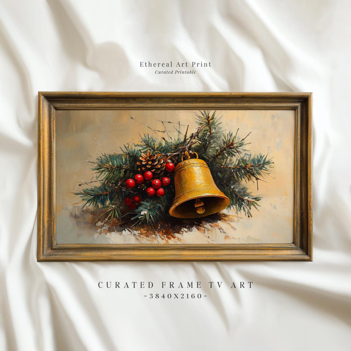 Golden Bell With Pine Branches And Red Berries Christmas Art Print