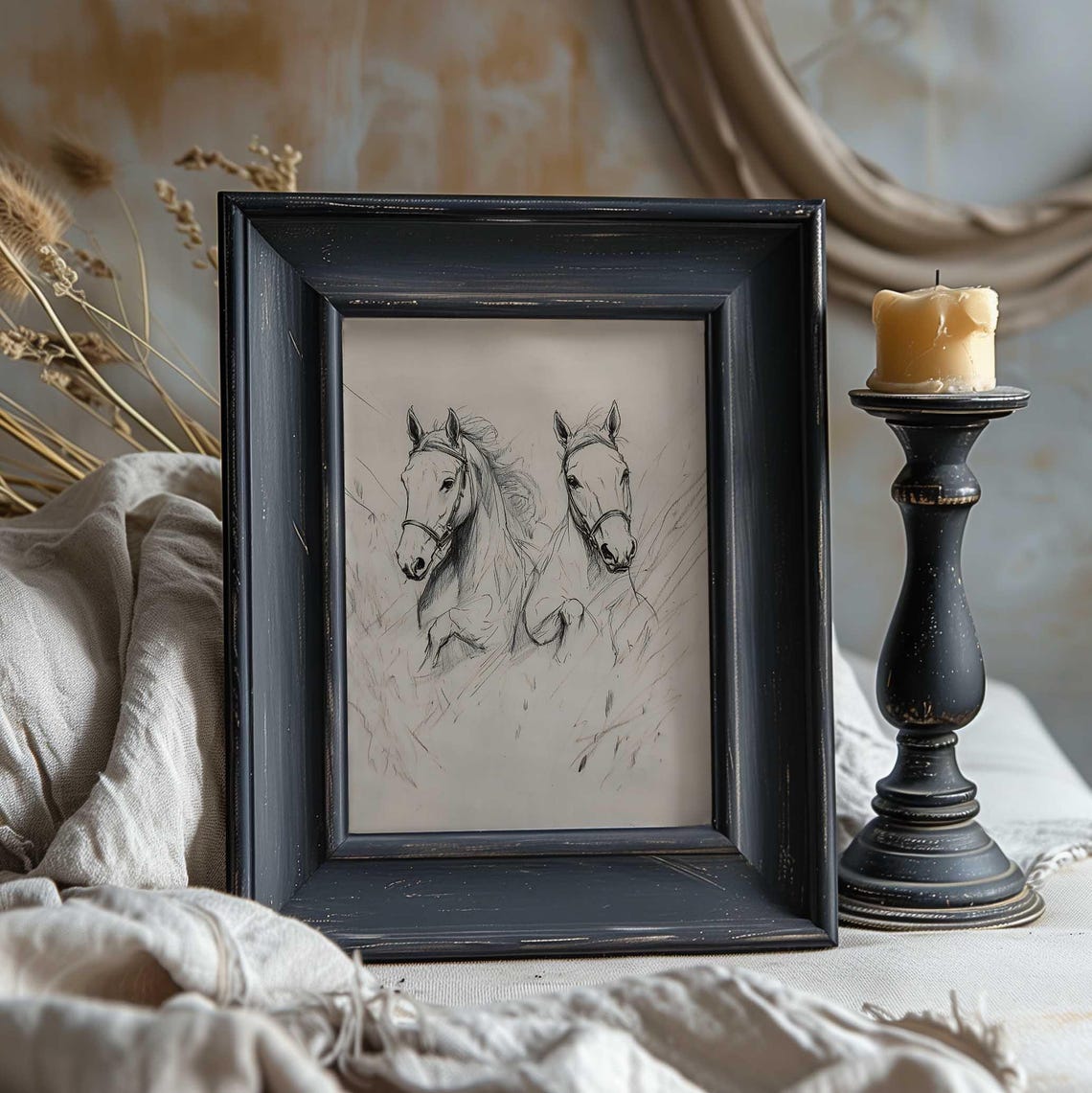 Two White Horses Sketch Minimalist Equine Pencil Drawing Wall Print - Image 2