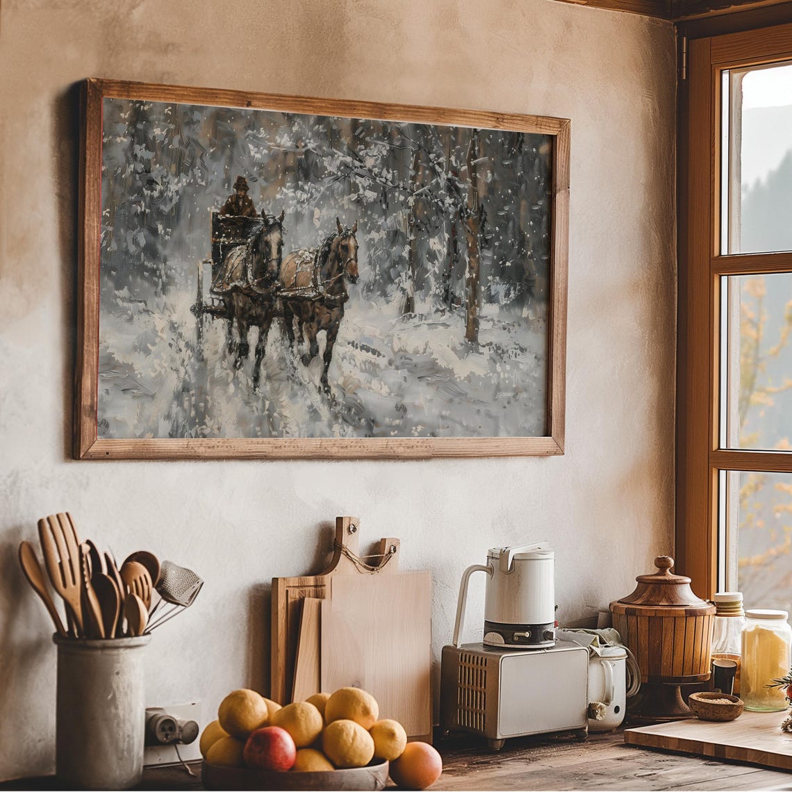 Vintage Horse Drawn Sleigh Ride Snowy Forest Painting Wall Art - Image 2