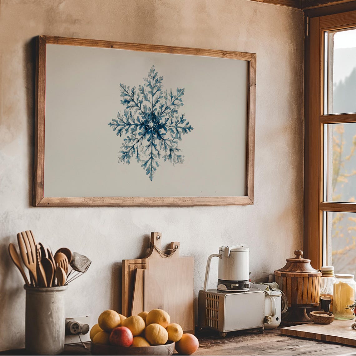 Blue Watercolor Snowflake Elegant Winter Holiday Wall Art Print - Image 2
