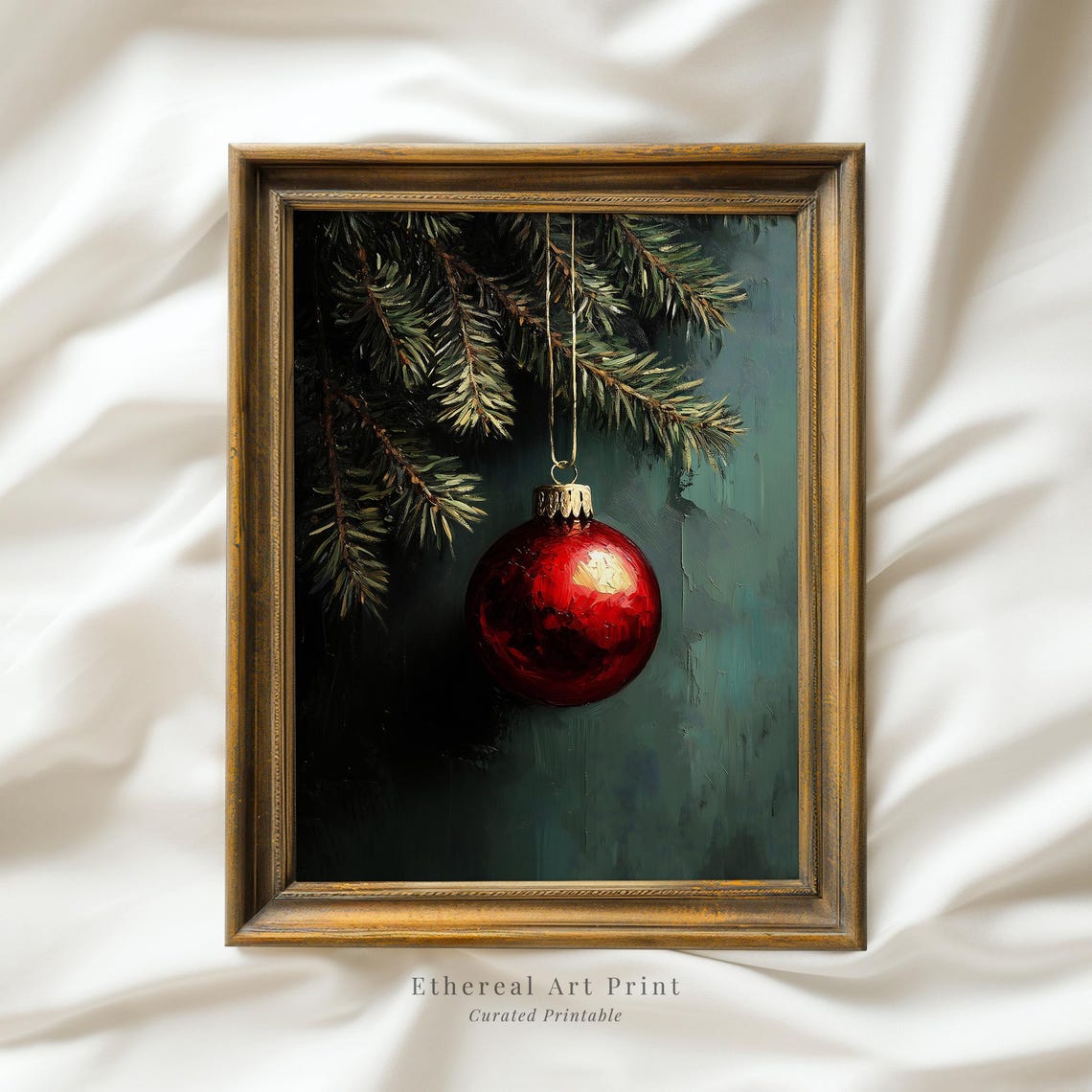Single Red Christmas Bauble On Pine Branch Dark Moody Art Print