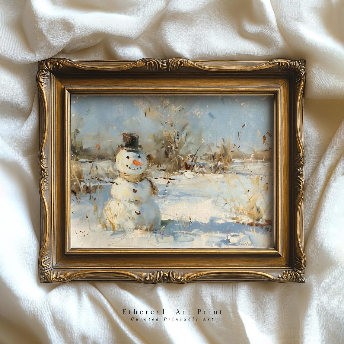 Cheerful Snowman Snowy Meadow Impressionist Winter Painting Print - Image 2