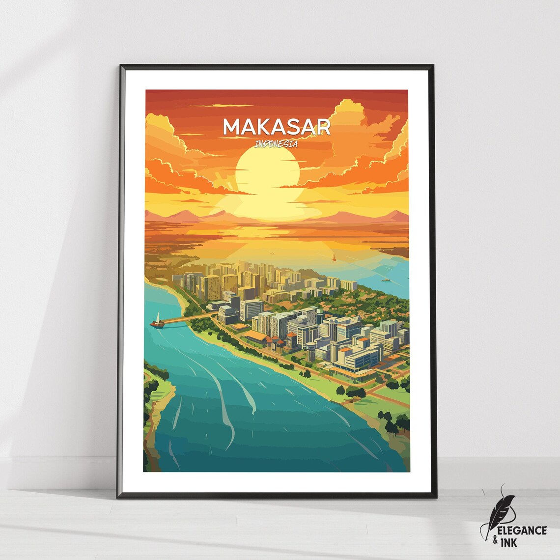Makasar Indonesia Sunset Harbor City Vintage Style Travel Poster