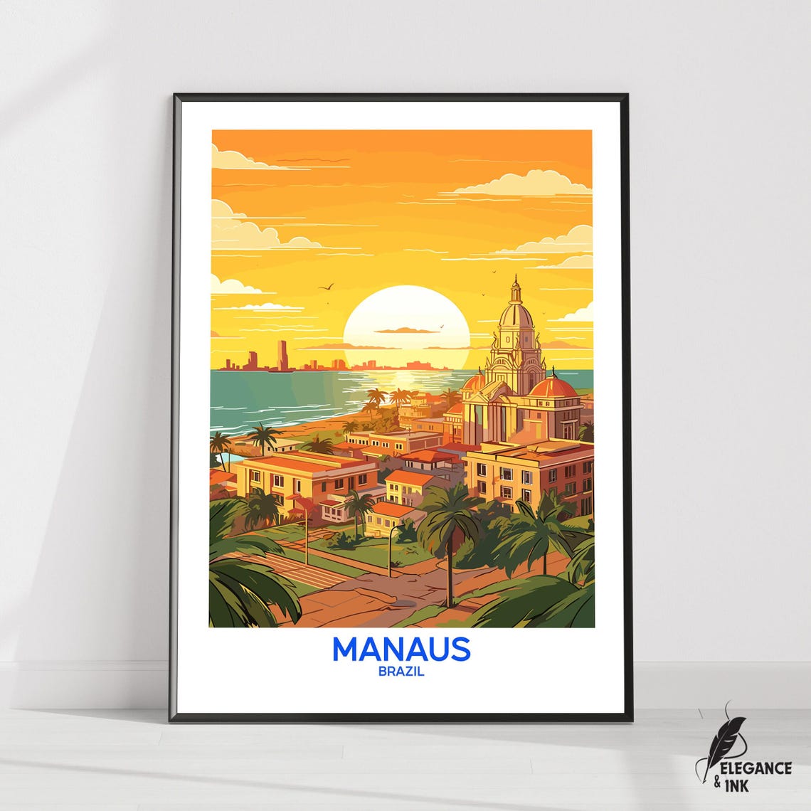 Manaus Brazil Sunset Riverfront Skyline Retro Travel Style Poster
