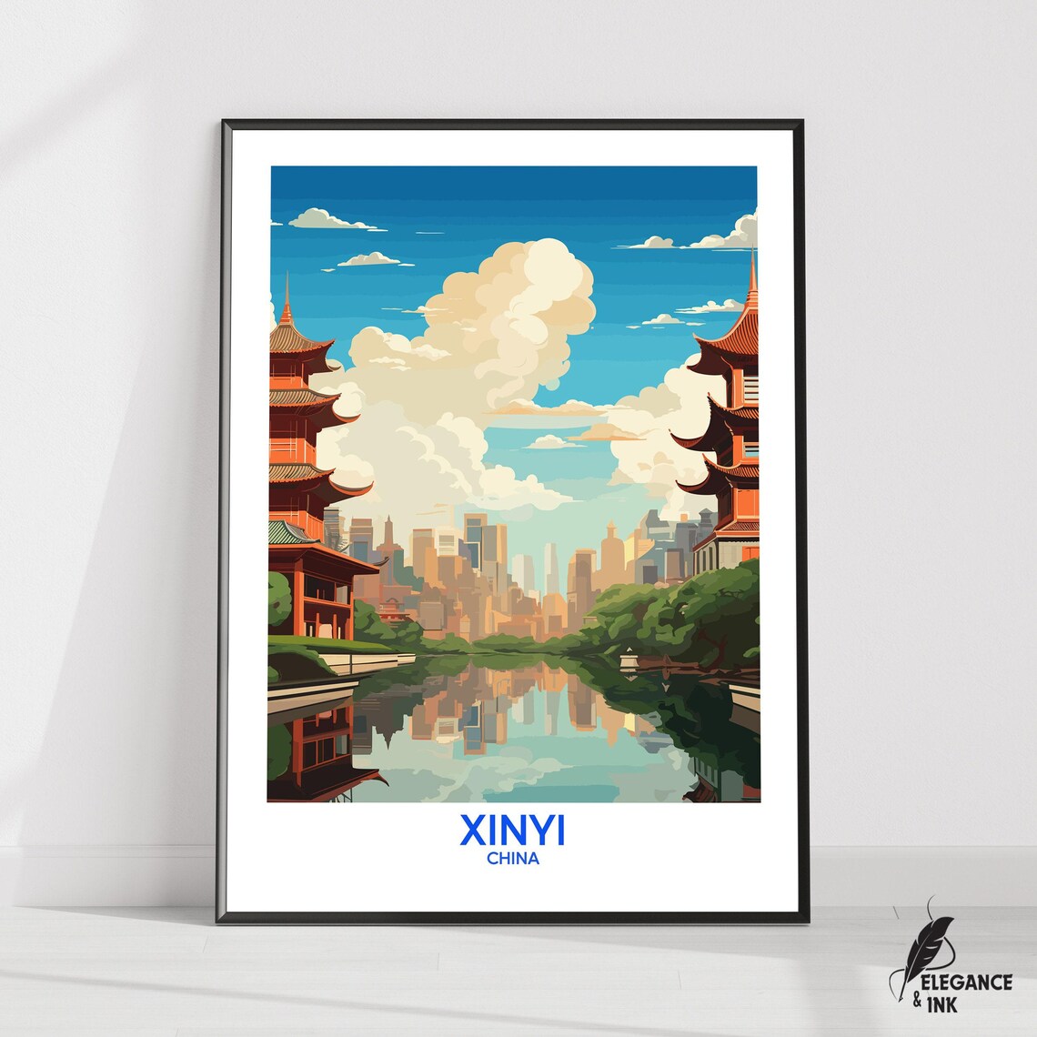 Xinyi China Pagoda Lake Reflection Vintage Travel Illustration Poster