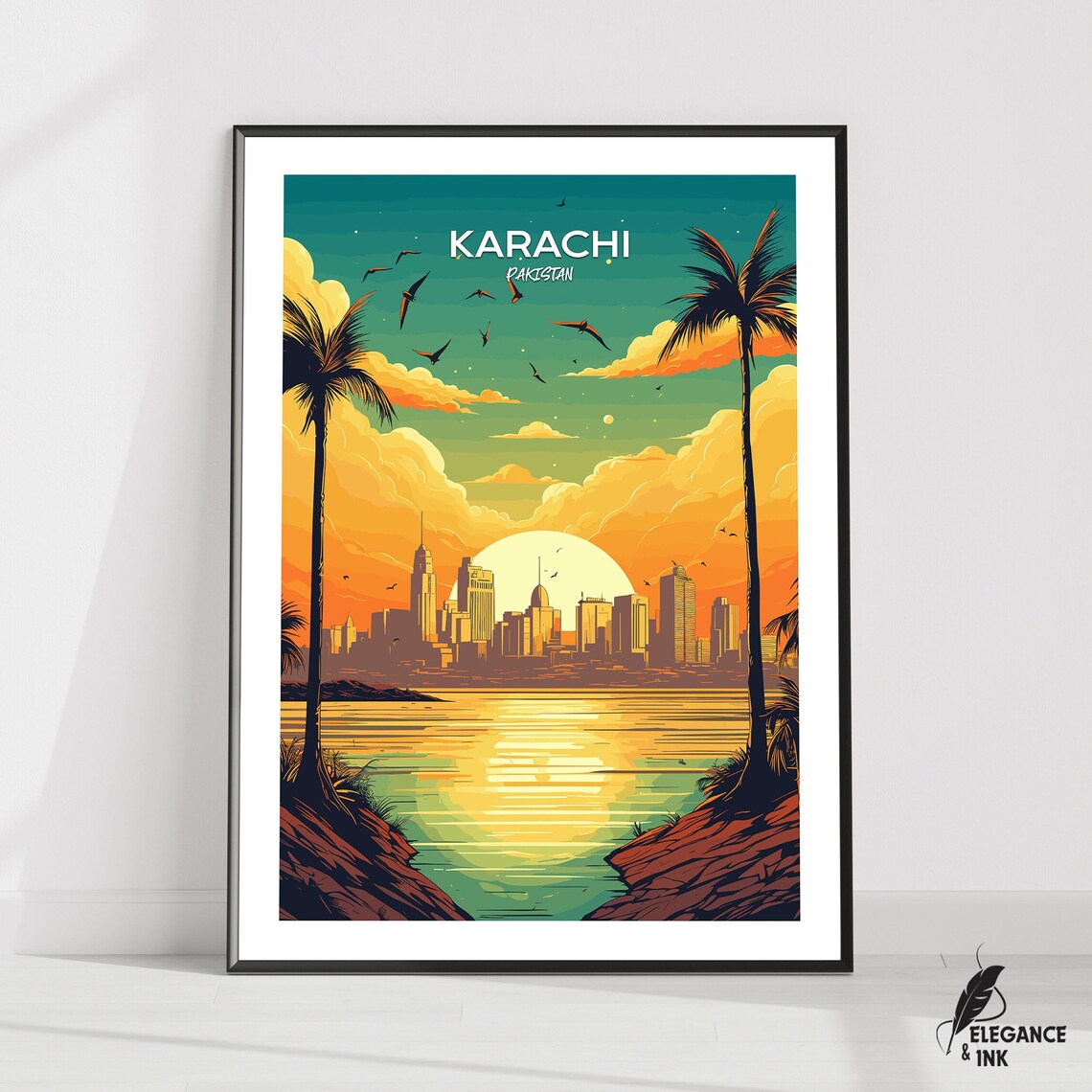 Karachi Pakistan Golden Sunset Skyline Retro Palm Travel Poster