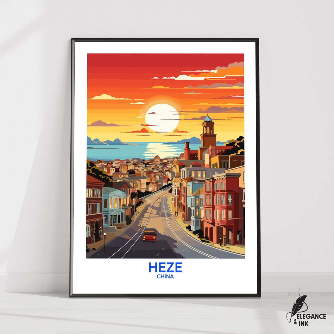 Heze China Golden Sunset Street Scene Retro Travel Edition Poster