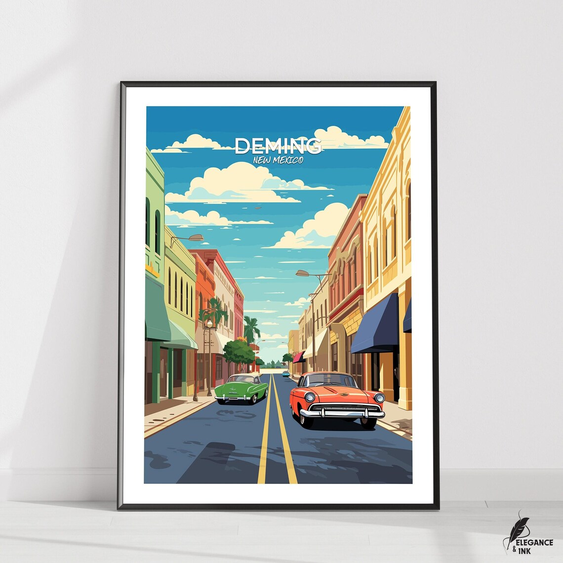 Deming New Mexico Vintage Main Street Classic Cars Travel Poster