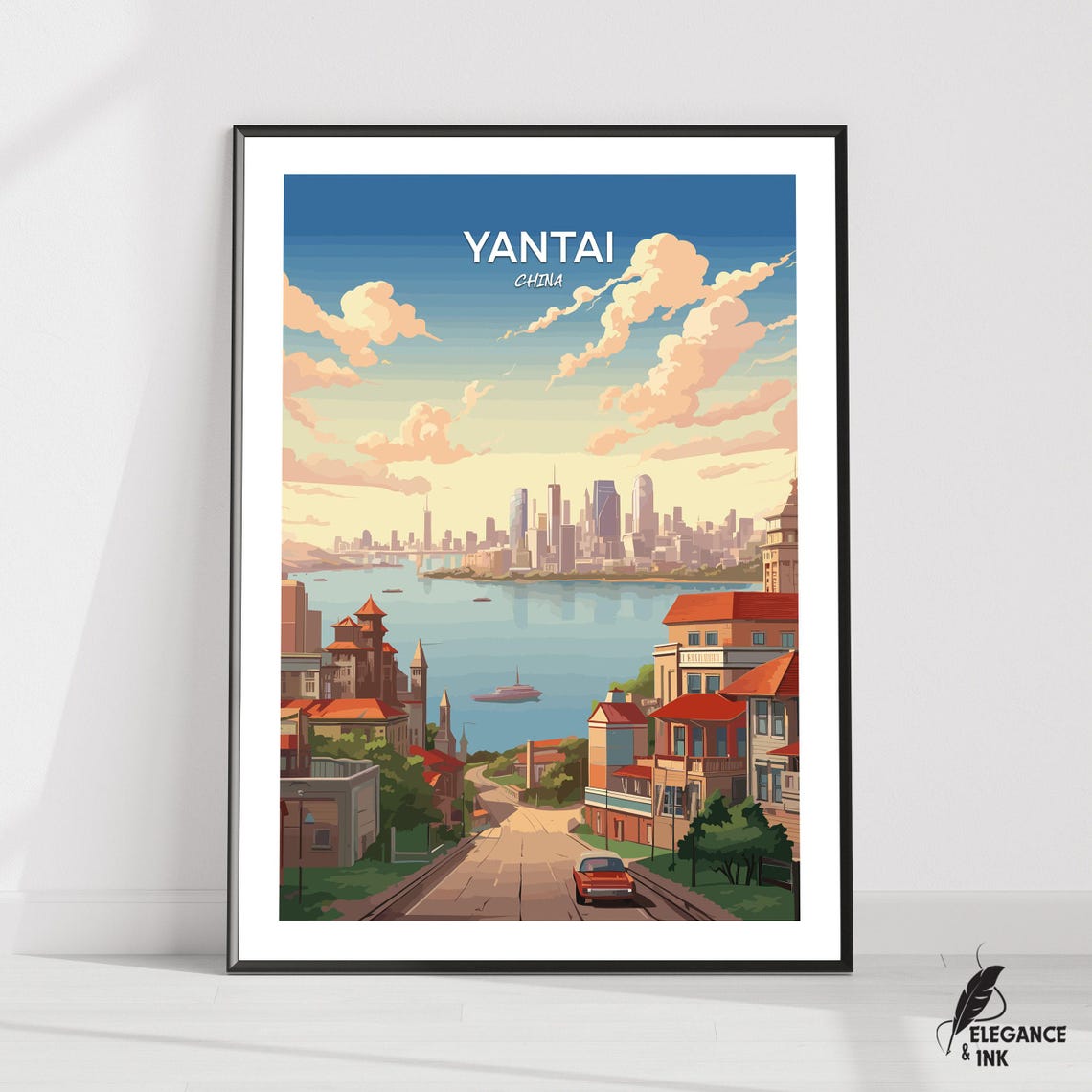 Yantai China Sunset Harbor Skyline Illustrated Retro Travel Poster