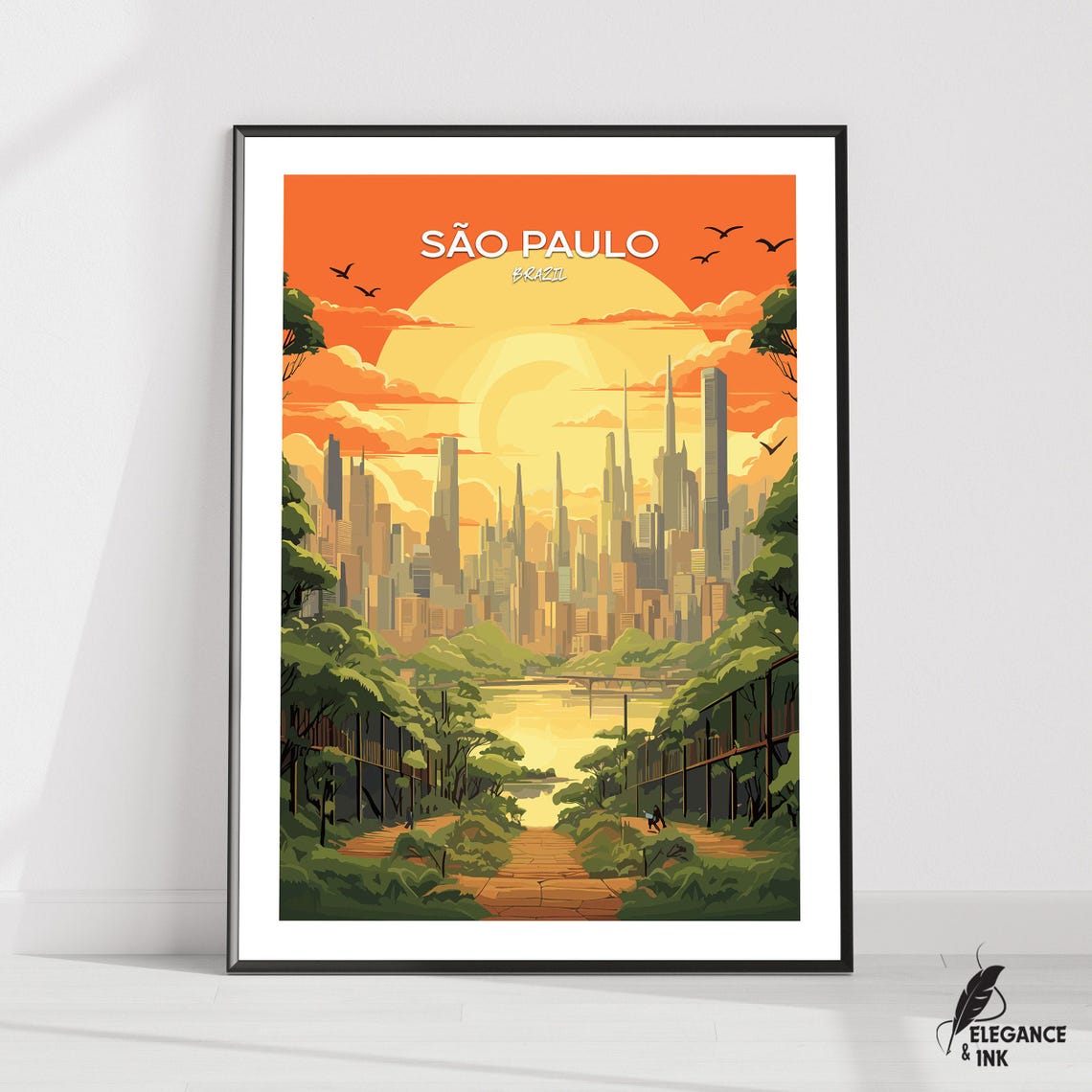 Sao Paulo Brazil Sunset Travel Poster With Skyline Park View