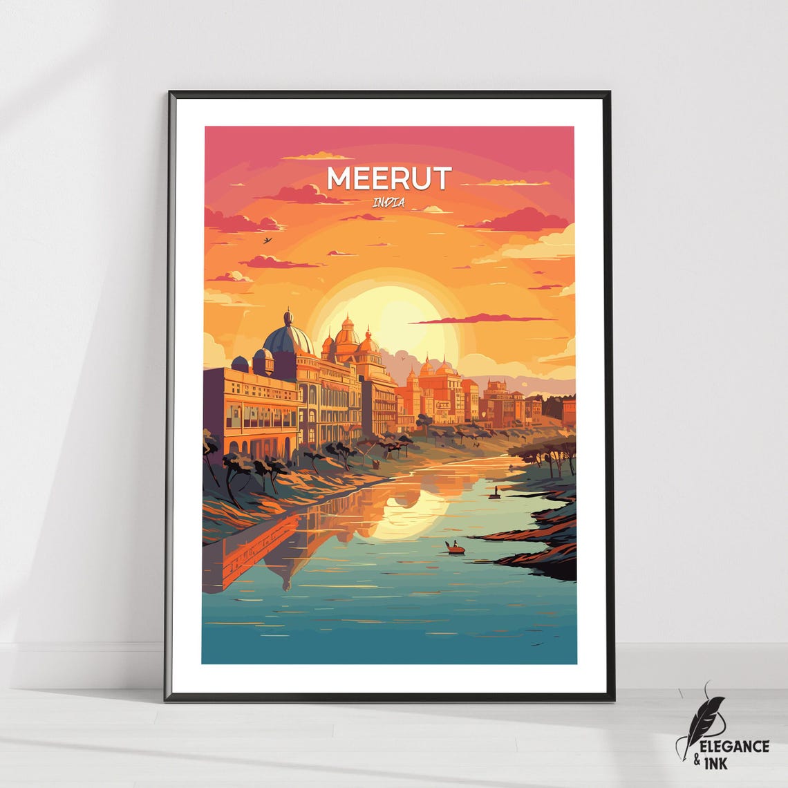 Meerut India Sunset River Domed Architecture Top Title Travel Poster