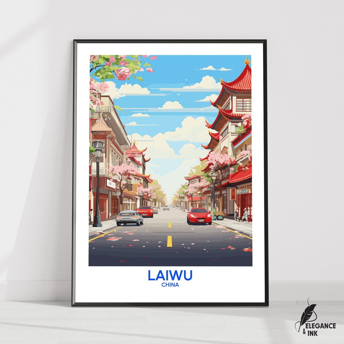 Laiwu China Cherry Blossom Street Scene Retro Travel Poster Art