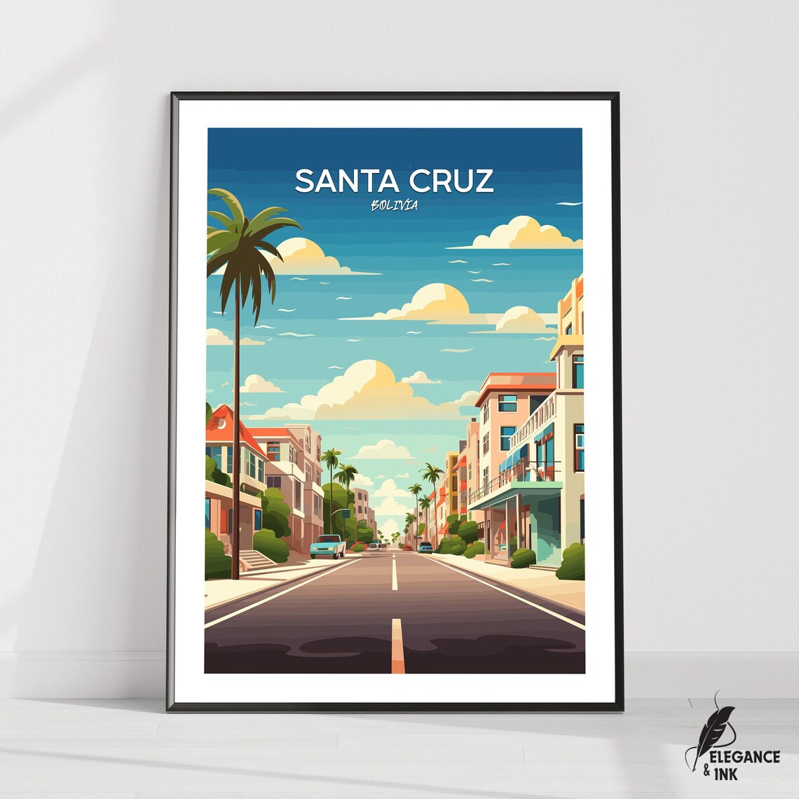 Santa Cruz Bolivia Daytime Palm Street Vintage Travel Poster