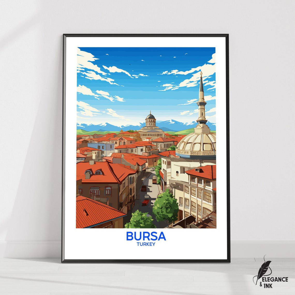 Bursa Turkey Ottoman Rooftops Minaret Skyline Lower Caption Poster