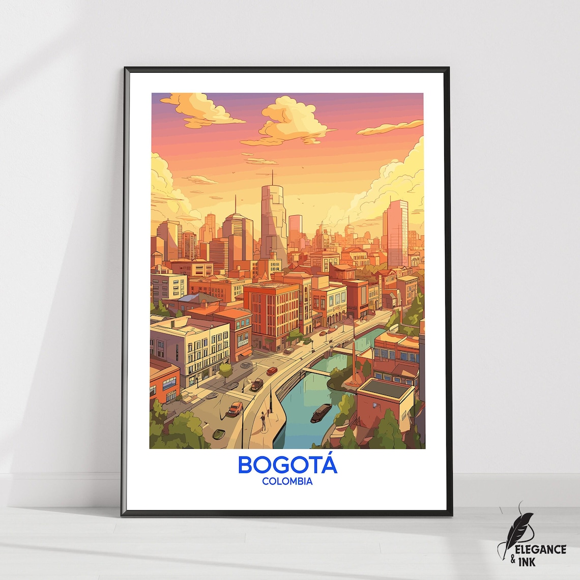 Bogota Colombia Golden Sunset City Skyline Illustrated Travel Poster