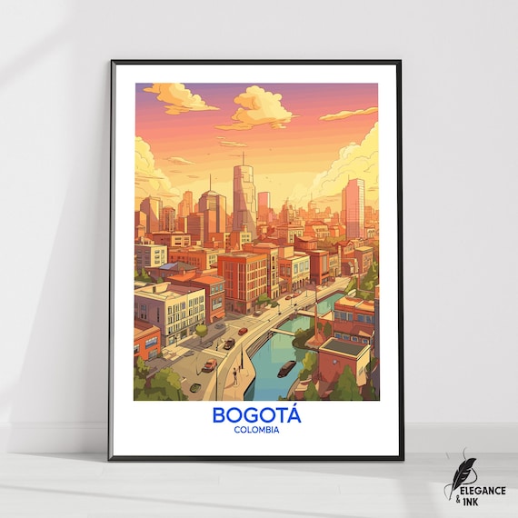 Bogota Colombia Golden Sunset City Skyline Illustrated Travel Poster
