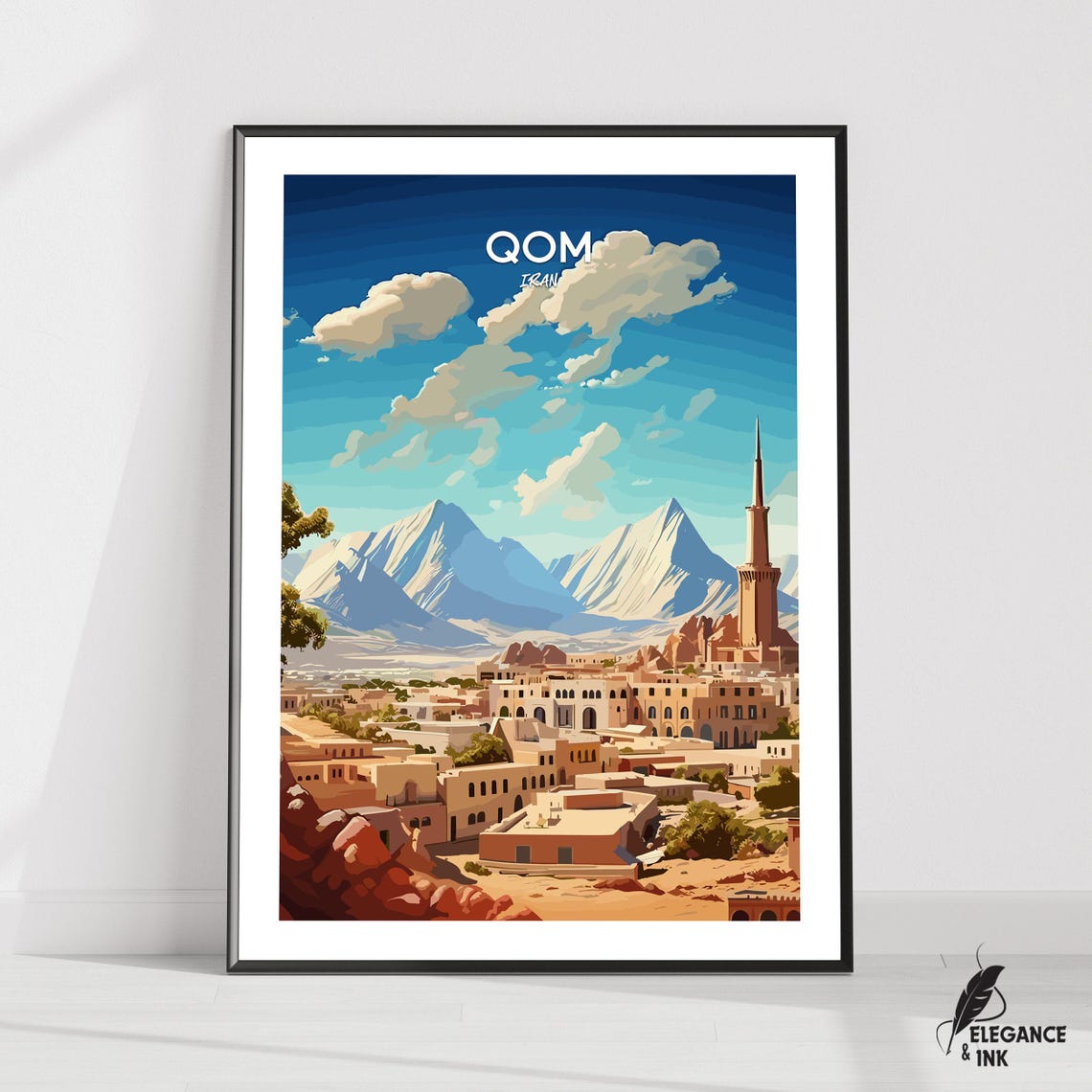Qom Iran Desert City Minaret Mountains Vintage Travel Poster