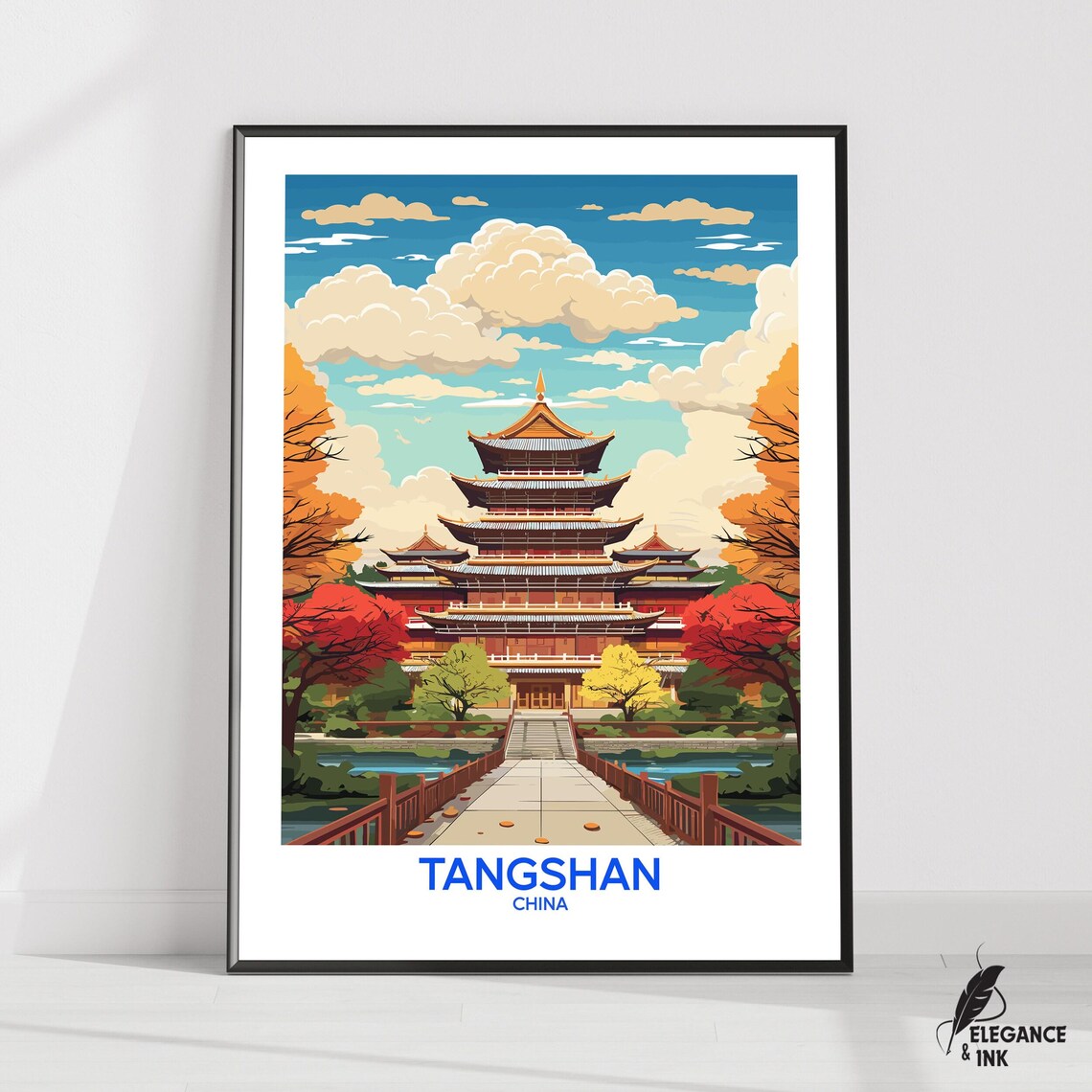 Tangshan China Pagoda Temple Garden Bridge Colorful Travel Poster