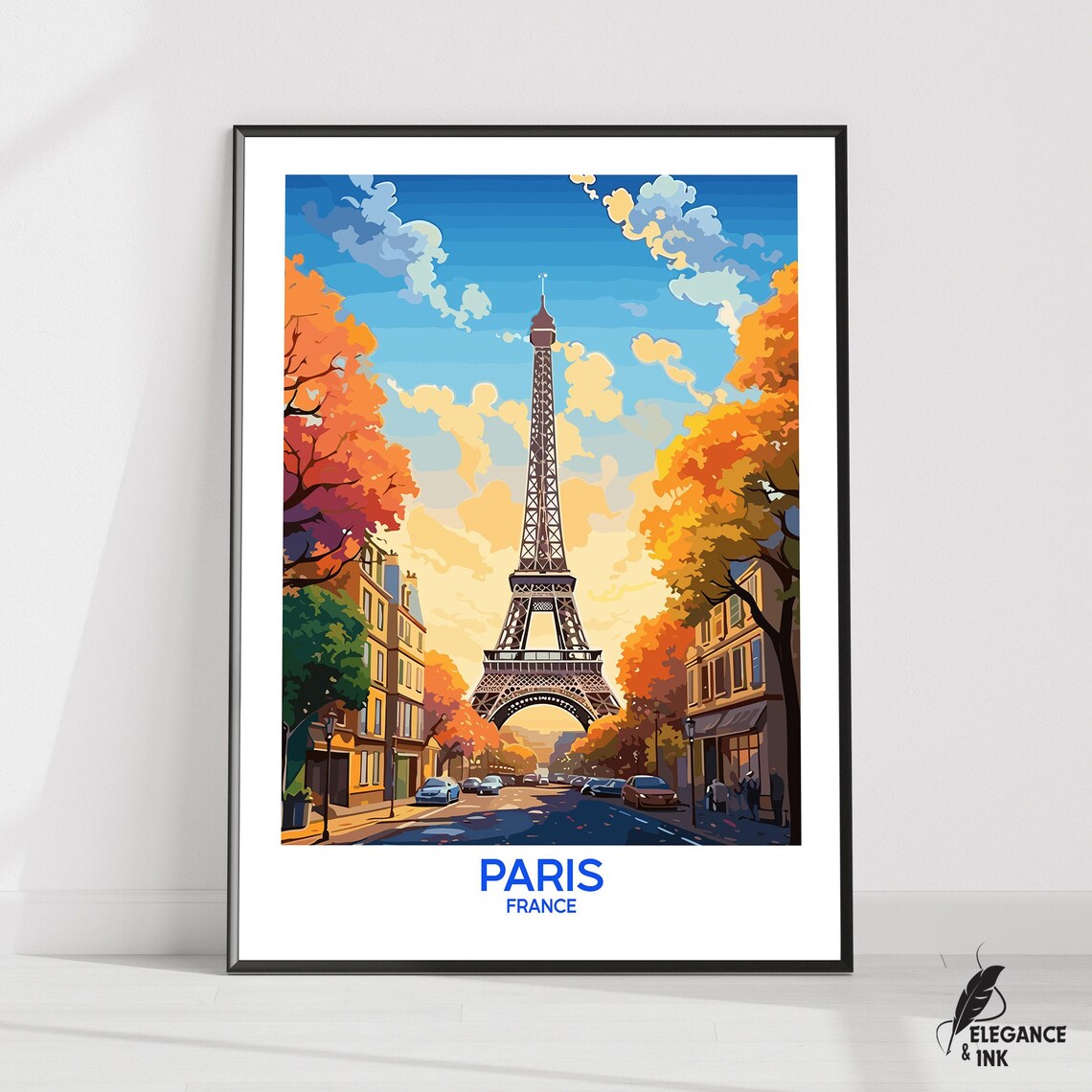 Paris France Eiffel Tower Autumn Street Vintage Travel Poster