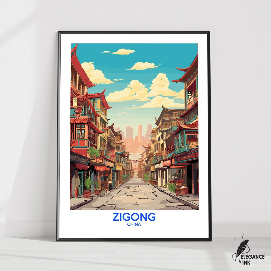 Zigong China Historic Old Street Daytime Scene Colorful Travel Poster