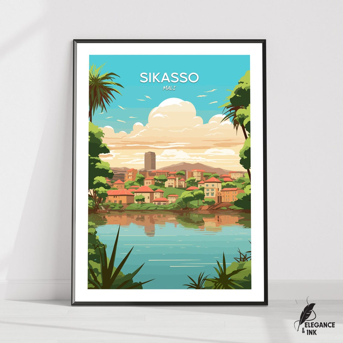 Sikasso Mali Retro Lakeside Town Illustration Vintage Travel Poster