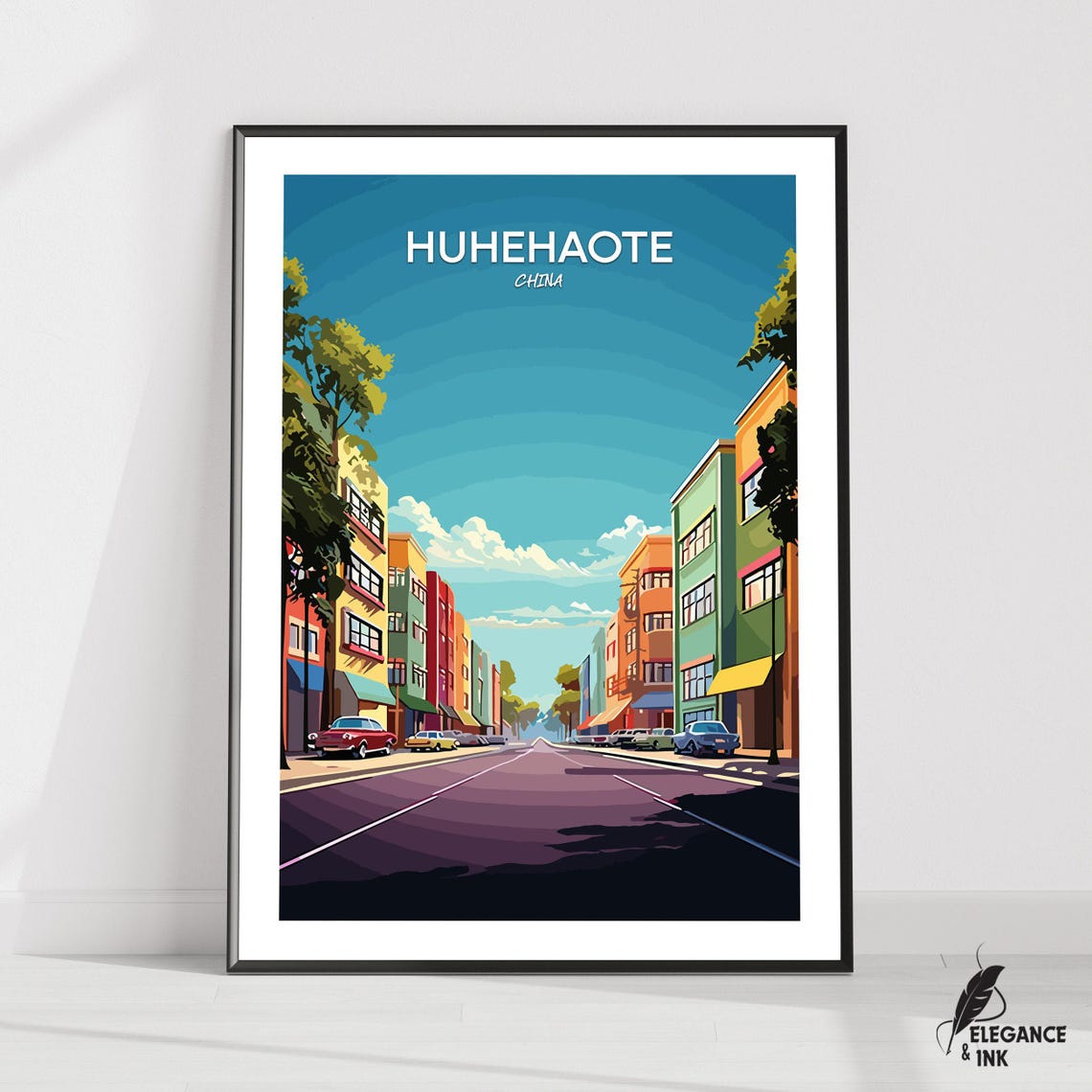 Huhehaote China Sky Caption Street Scene Vintage Travel Poster