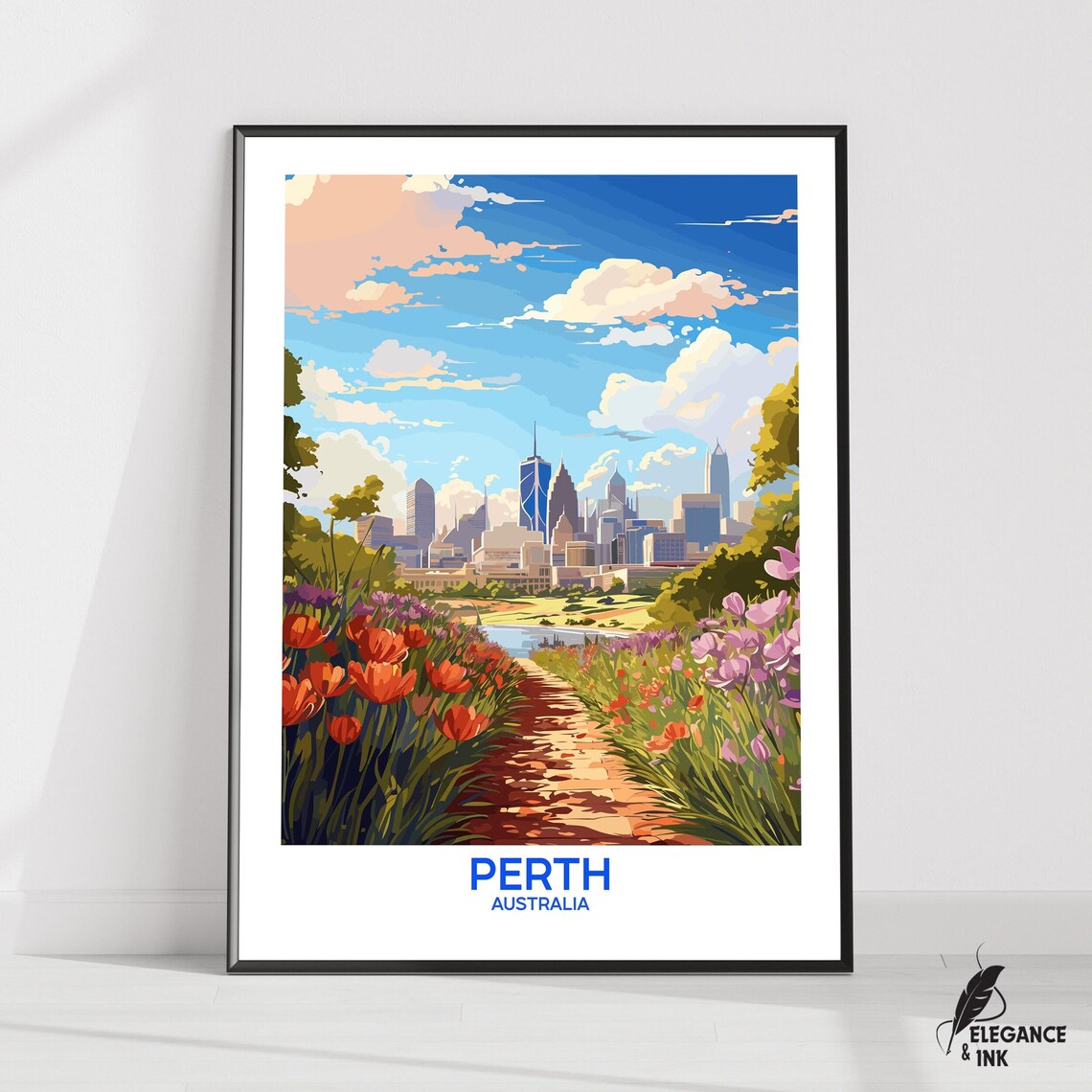 Perth Australia Tulip Garden Skyline Scenic Vintage Travel Poster
