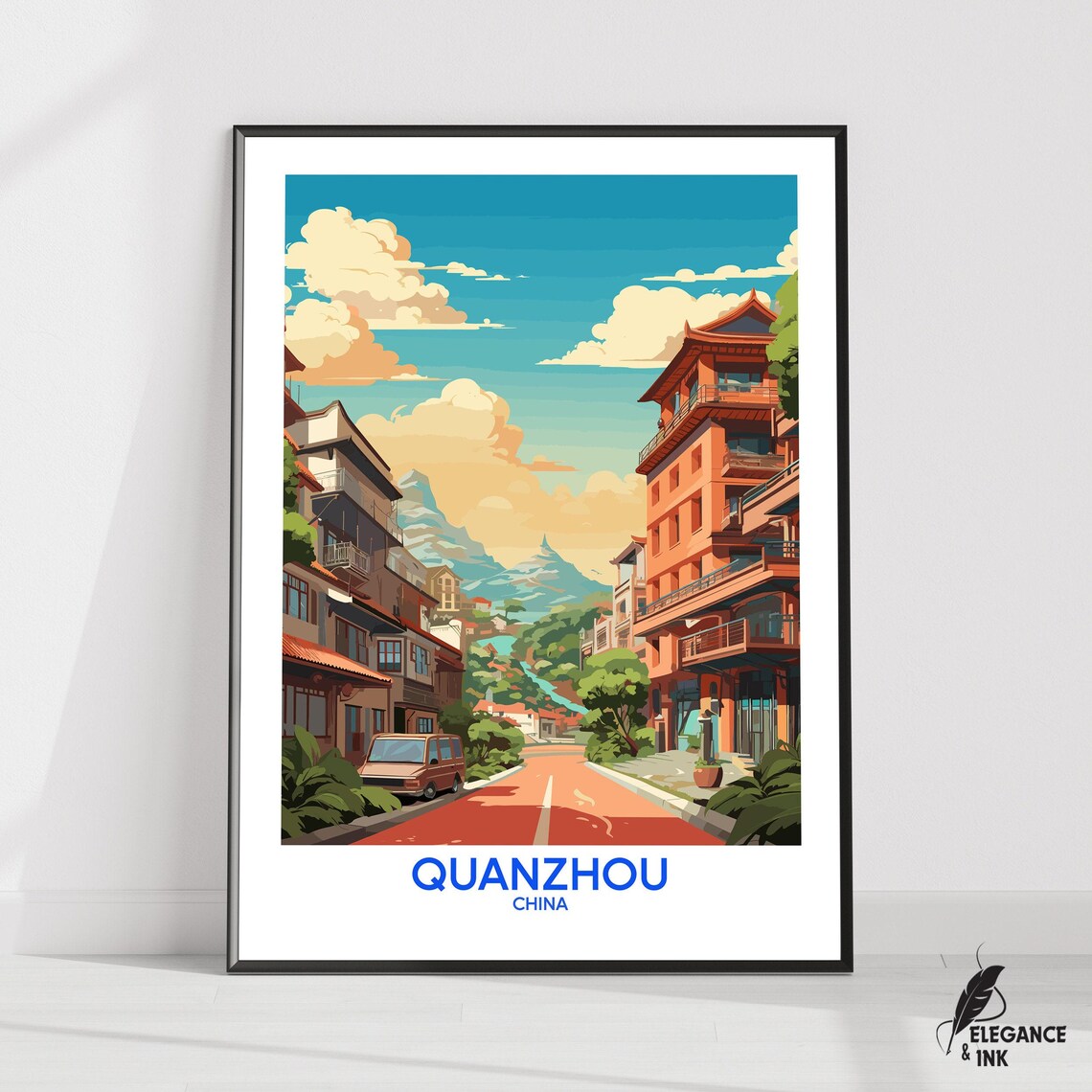 Quanzhou China Colorful Old Street Mountain View Travel Poster