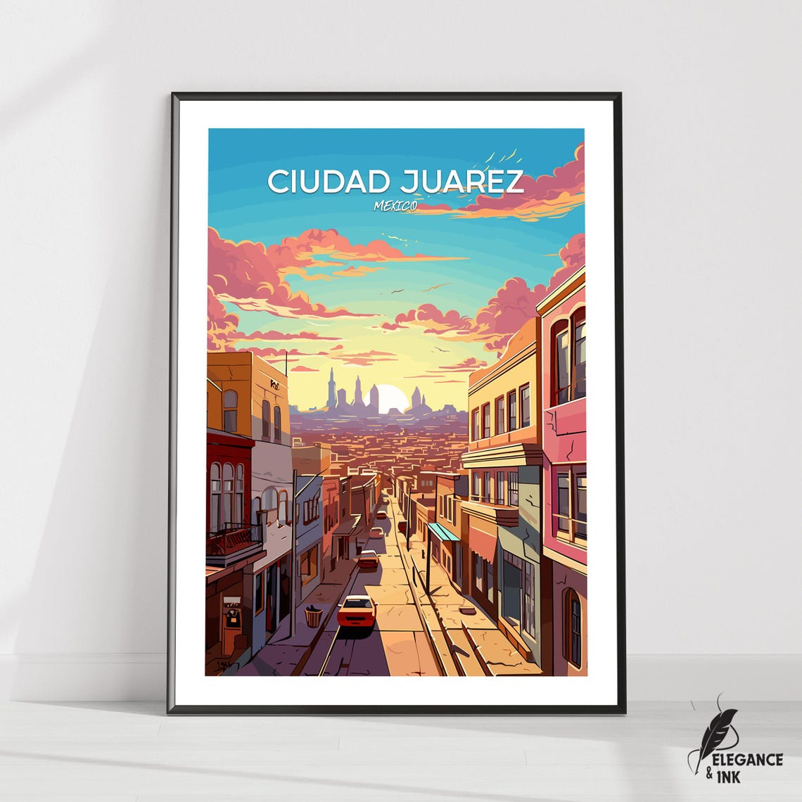Ciudad Juarez Mexico Sunset Street Scene Vintage Travel Poster