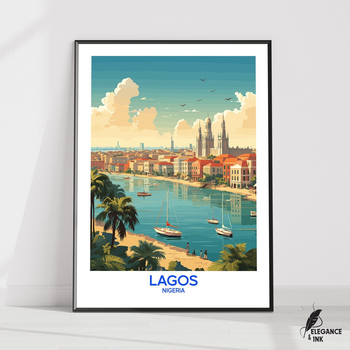 Lagos Nigeria Harbor Sailboats Palm Beach Vintage Travel Art Poster