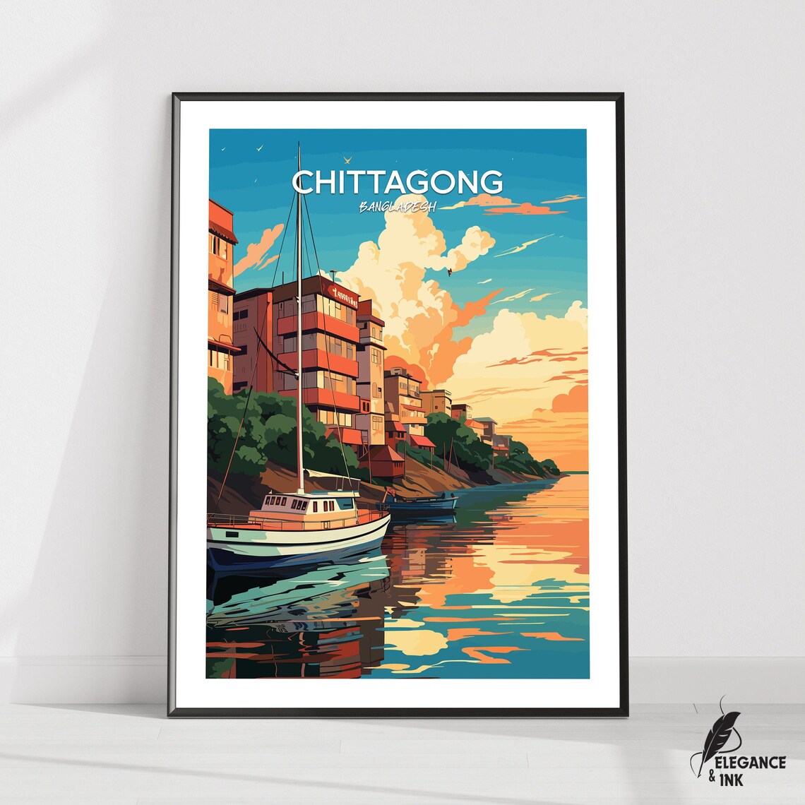 Chittagong Bangladesh Golden Sunset Harbor Illustration Poster