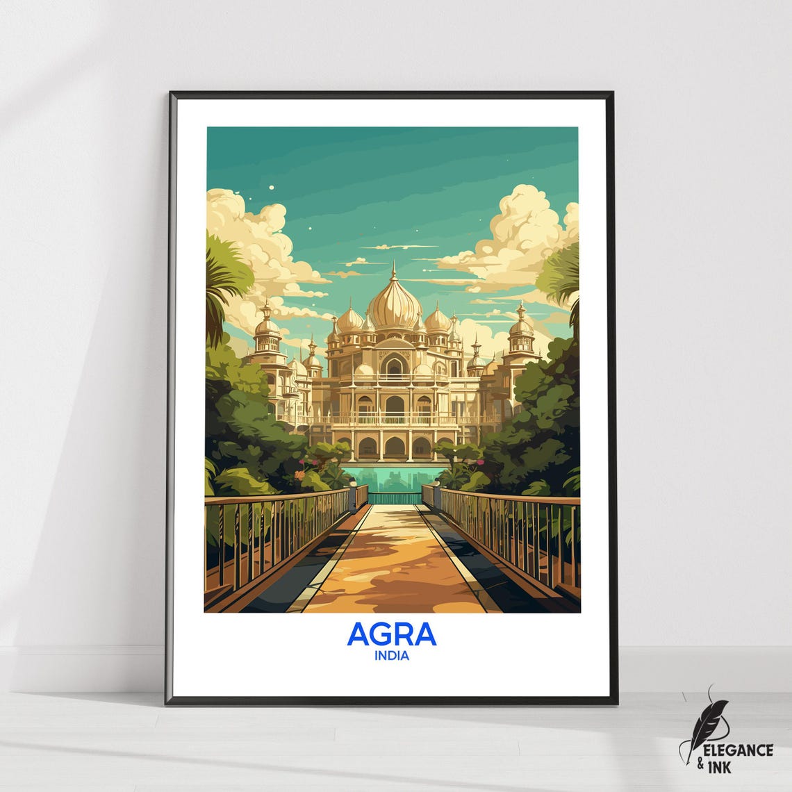 Agra India Mughal Palace with Domes Illustrated Travel Poster