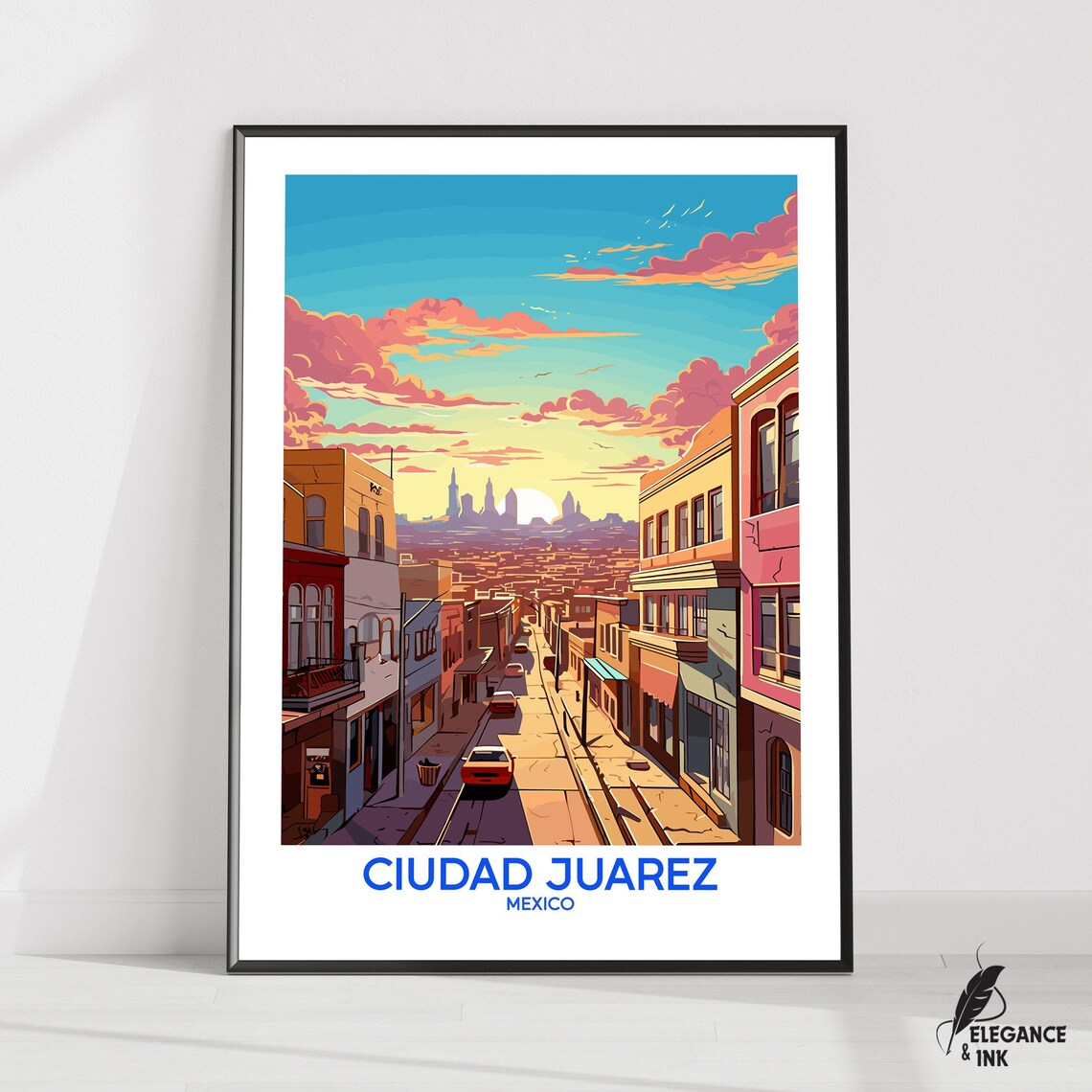 Ciudad Juarez Mexico Sunset City Street Colorful Travel Poster