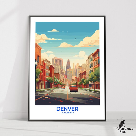 Denver Colorado Downtown Street Retro Travel Poster City Skyline