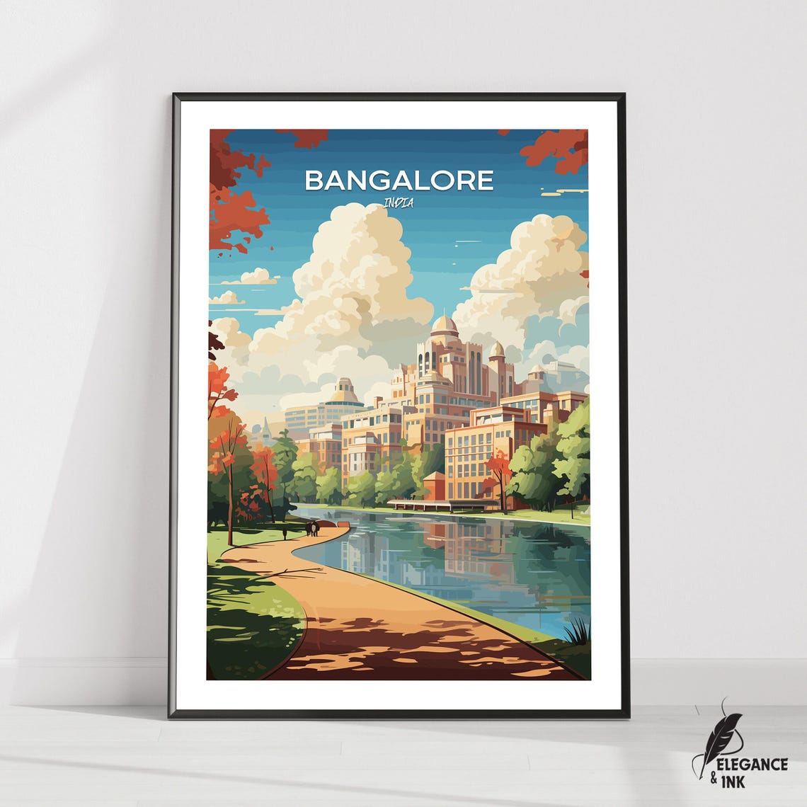 Bangalore India Lake Path White Title City Skyline Travel Poster