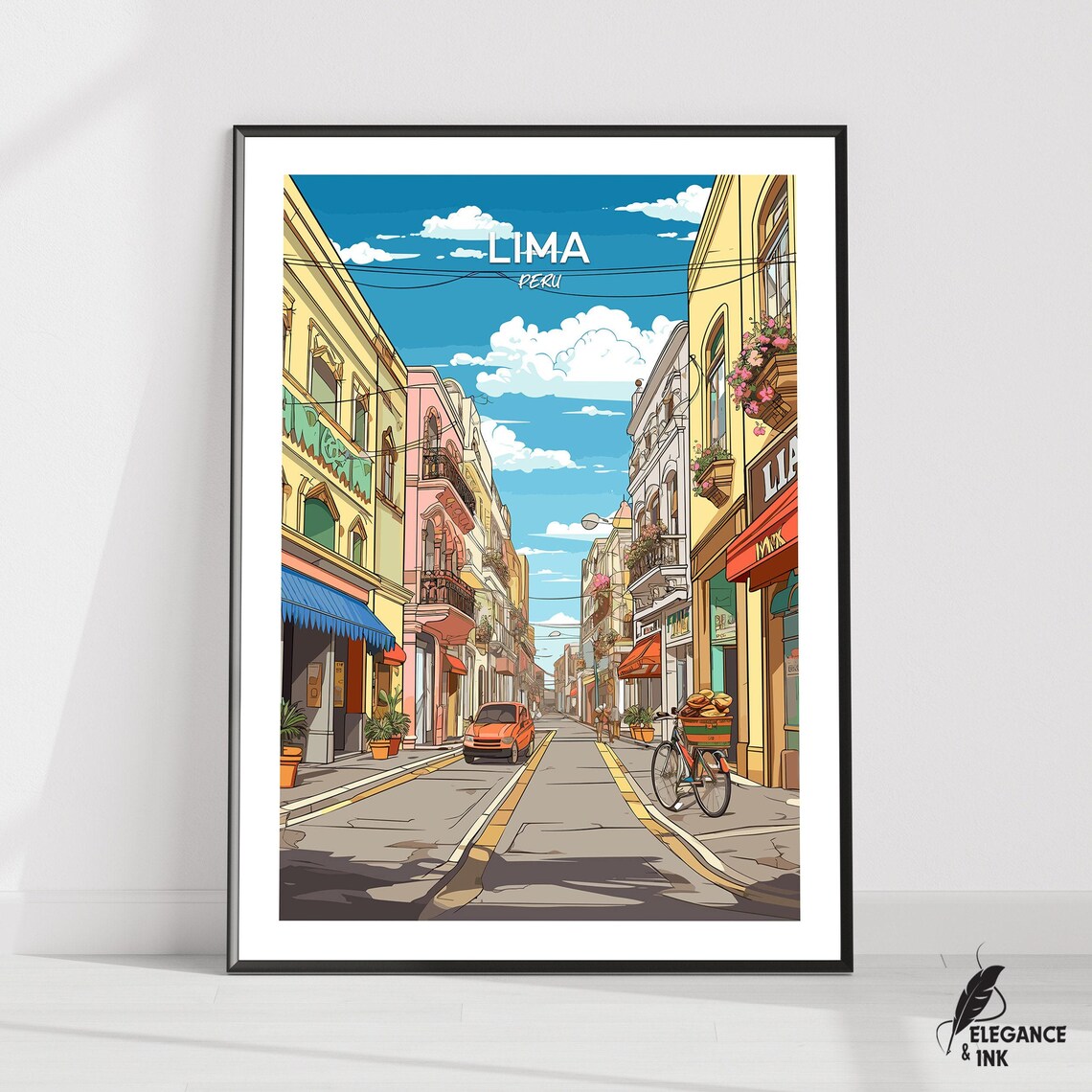 Lima Peru Colorful Colonial Street Illustration Travel Poster