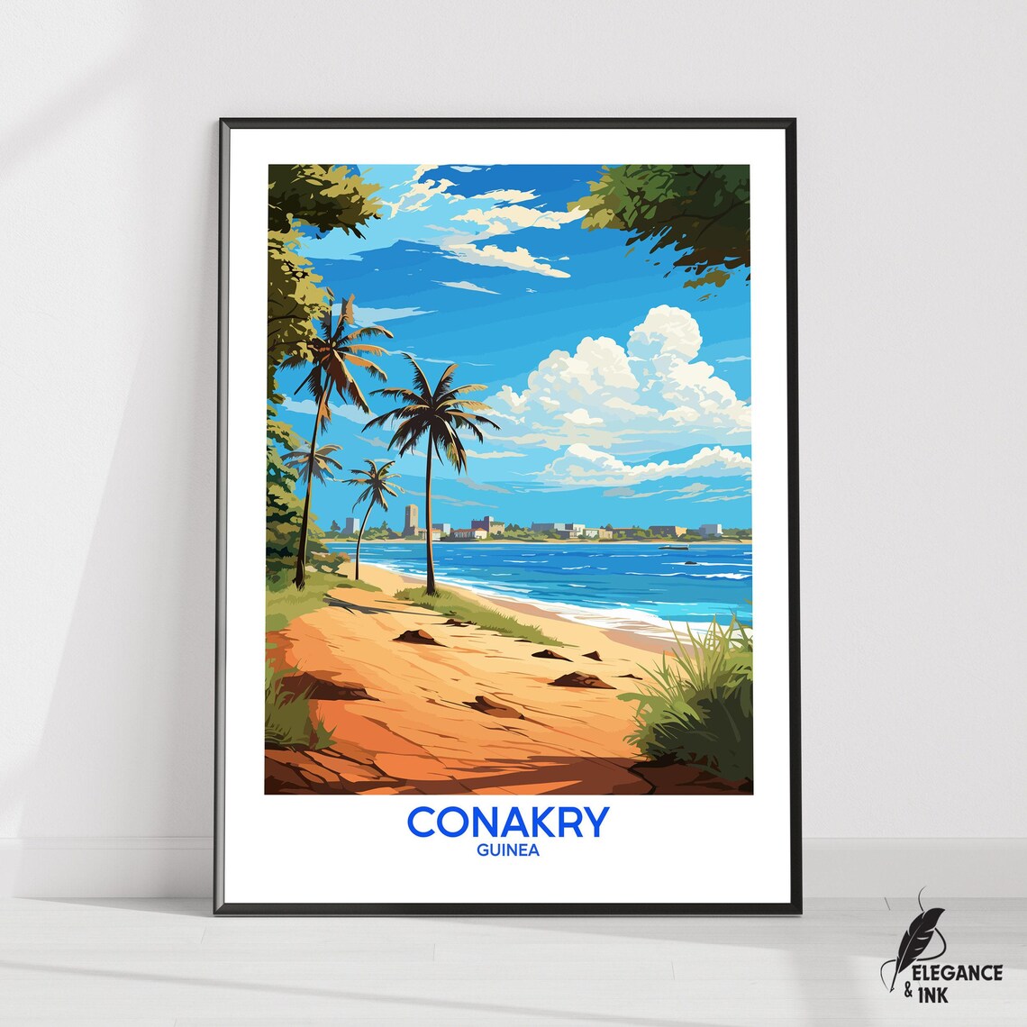 Conakry Guinea Palm Beach Sunset Illustrated Vintage Travel Poster
