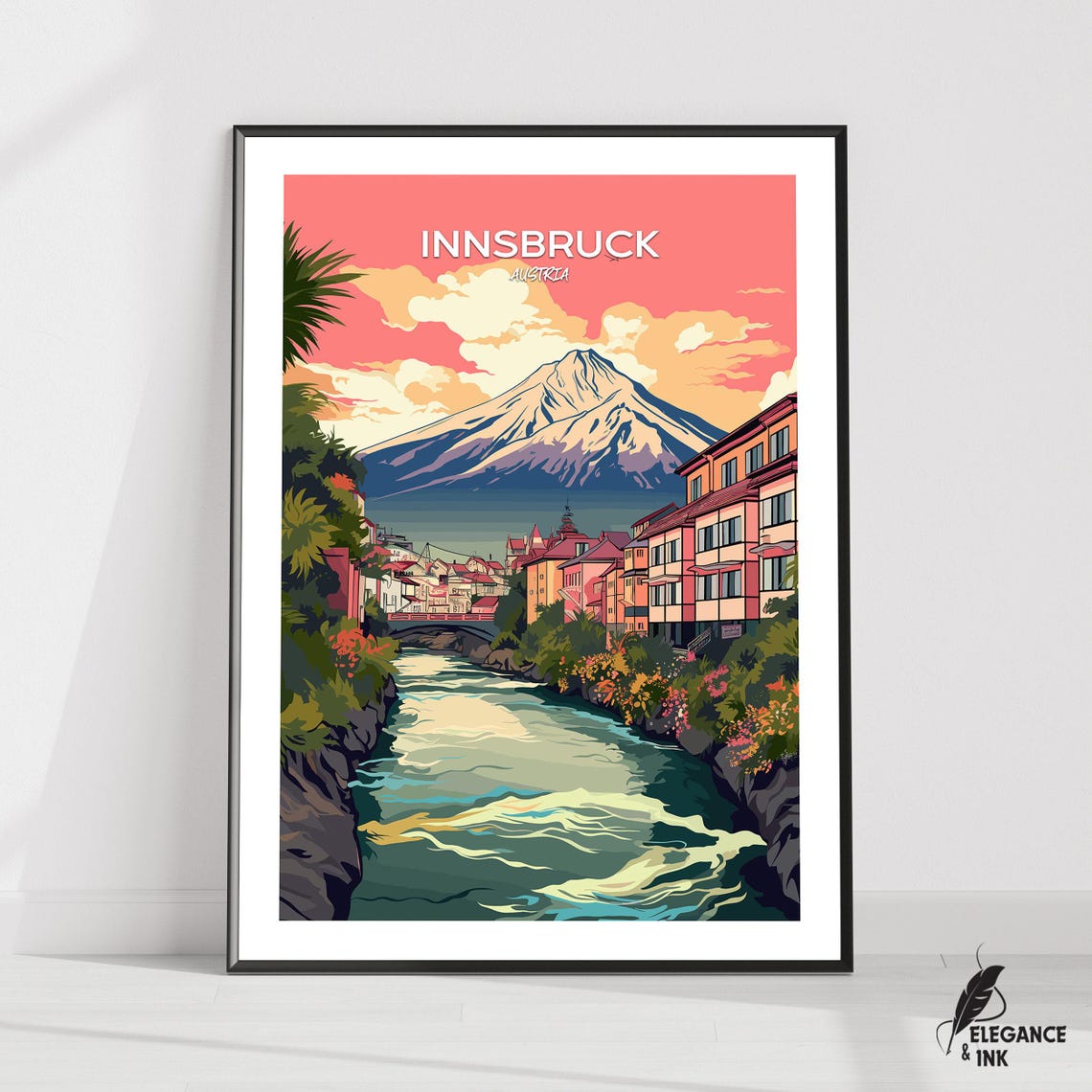 Innsbruck Austria Alpine Riverside Old Town Retro Travel Poster