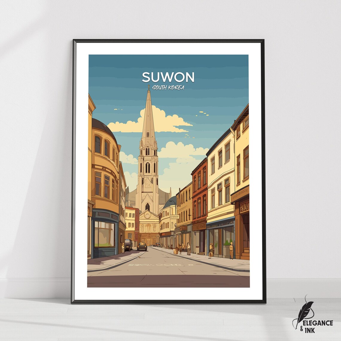 Suwon South Korea Street Retro Travel Illustration Church Spire Poster