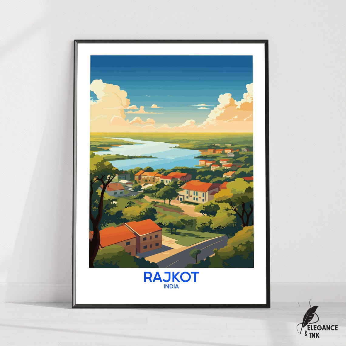 Rajkot India River Town Aerial View Retro Vintage Travel Poster