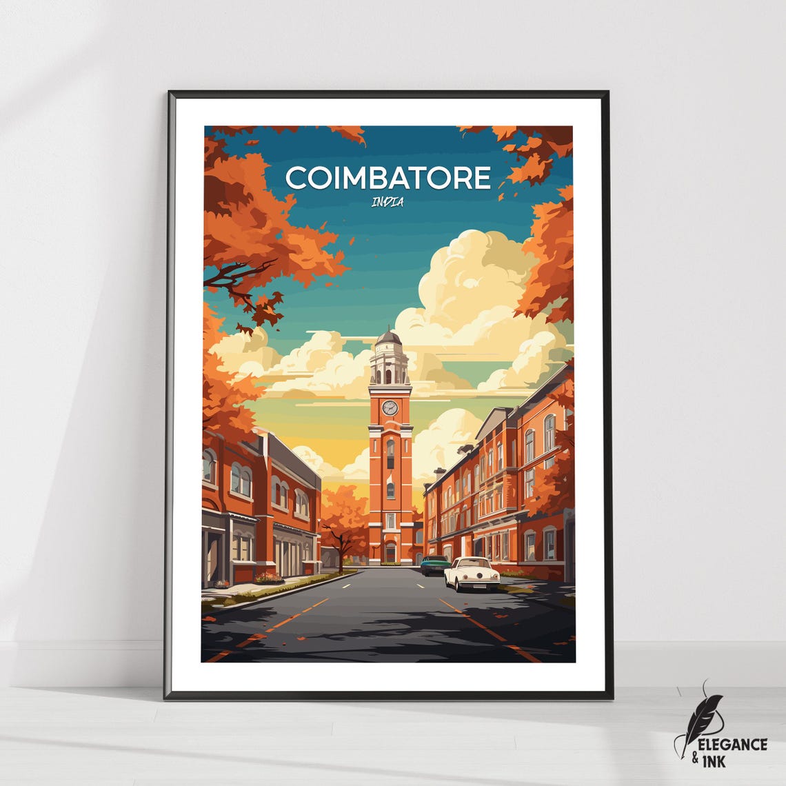 Coimbatore India Historic Clock Tower Street Vintage Travel Poster