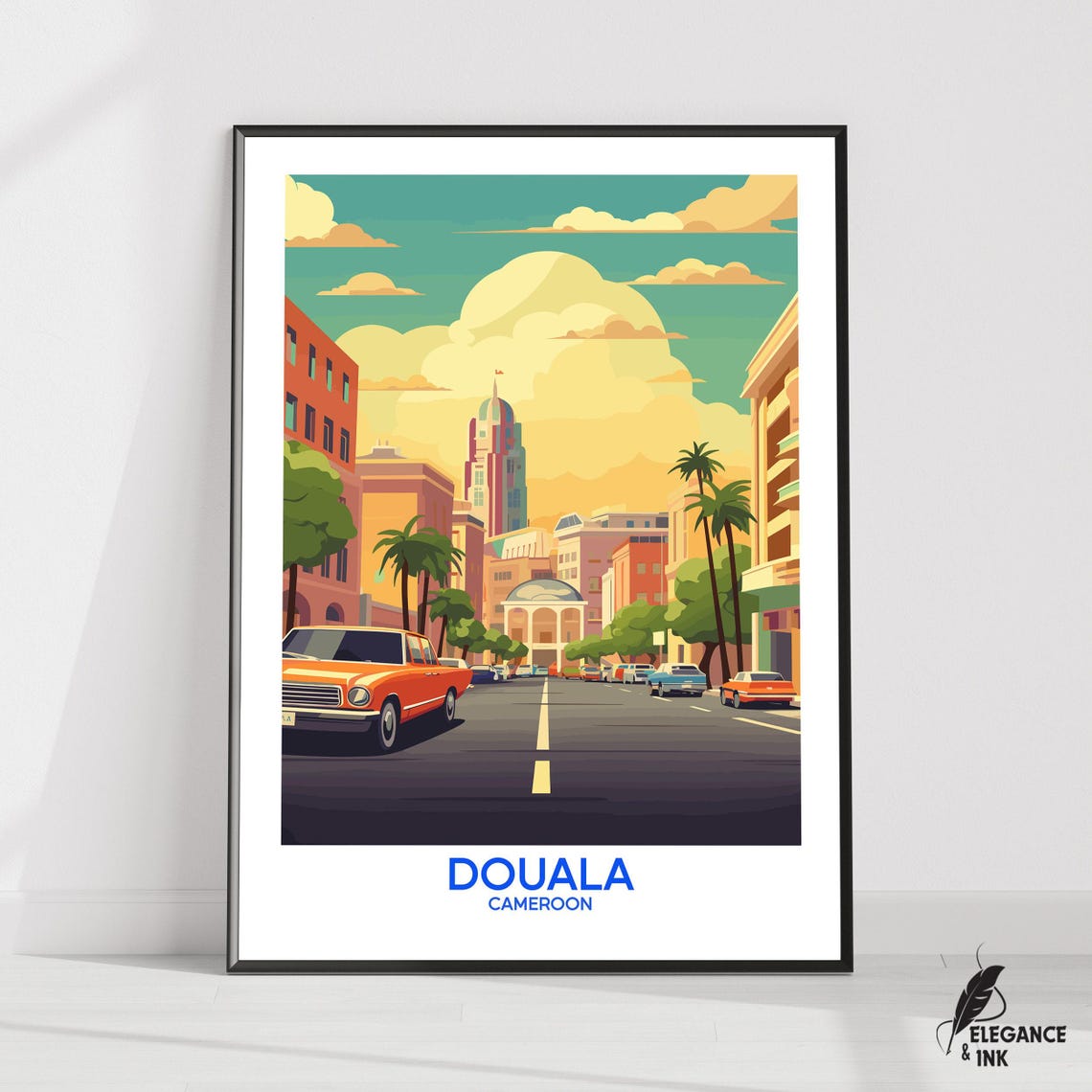 Douala Cameroon Retro Street Scene Classic Cars Travel Poster