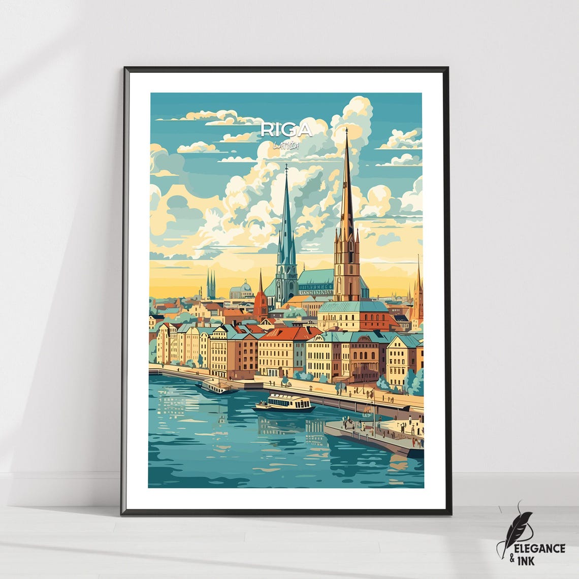 Riga Latvia Old Town River Vintage Travel Illustration Poster