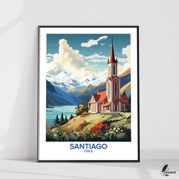 Santiago Chile Andes Church Vintage Travel Poster with Mountain View