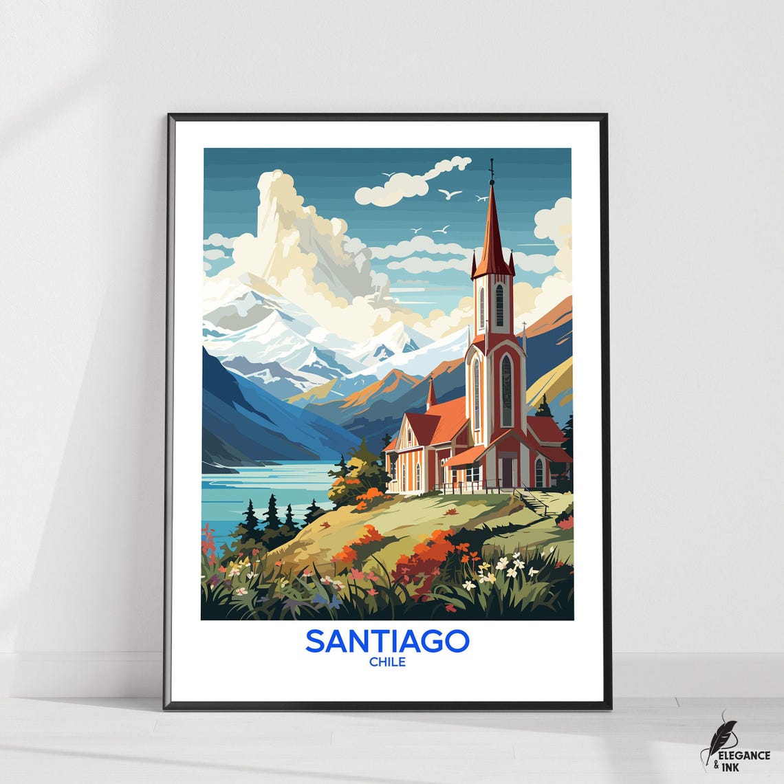 Santiago Chile Andes Church Vintage Travel Poster with Mountain View
