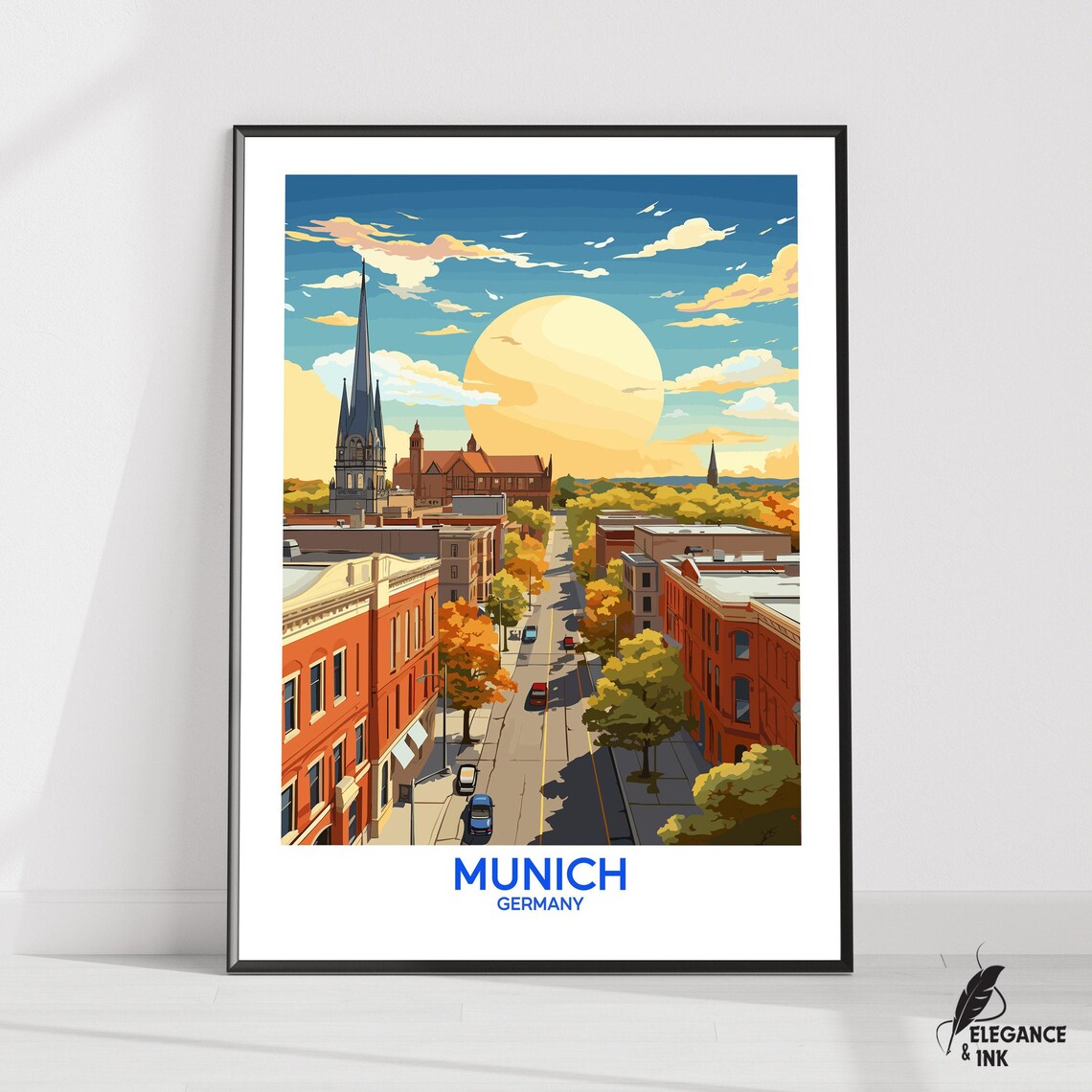 Munich Germany Autumn Street Scene Illustrated City Travel Poster