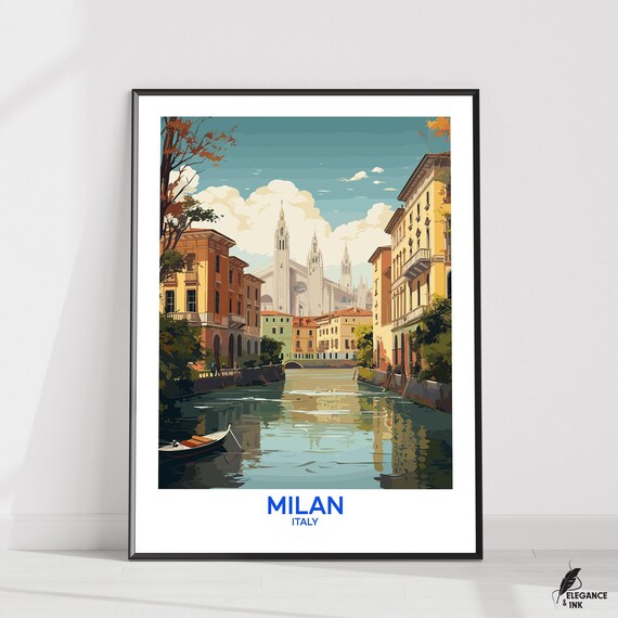 Milan Wall Hanging Postermilan Flat Vector Illustration Canvasitaly Handmade Wooden Frame And Unframed Colorful Vintage Gift
