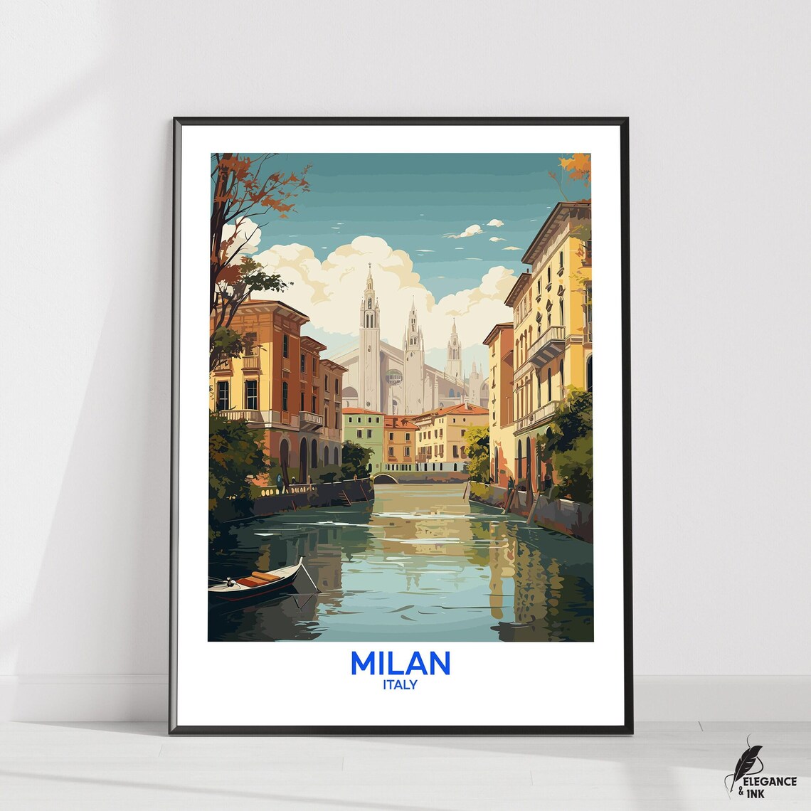 Milan Italy Navigli Canal Cathedral Romantic Vintage Travel Poster