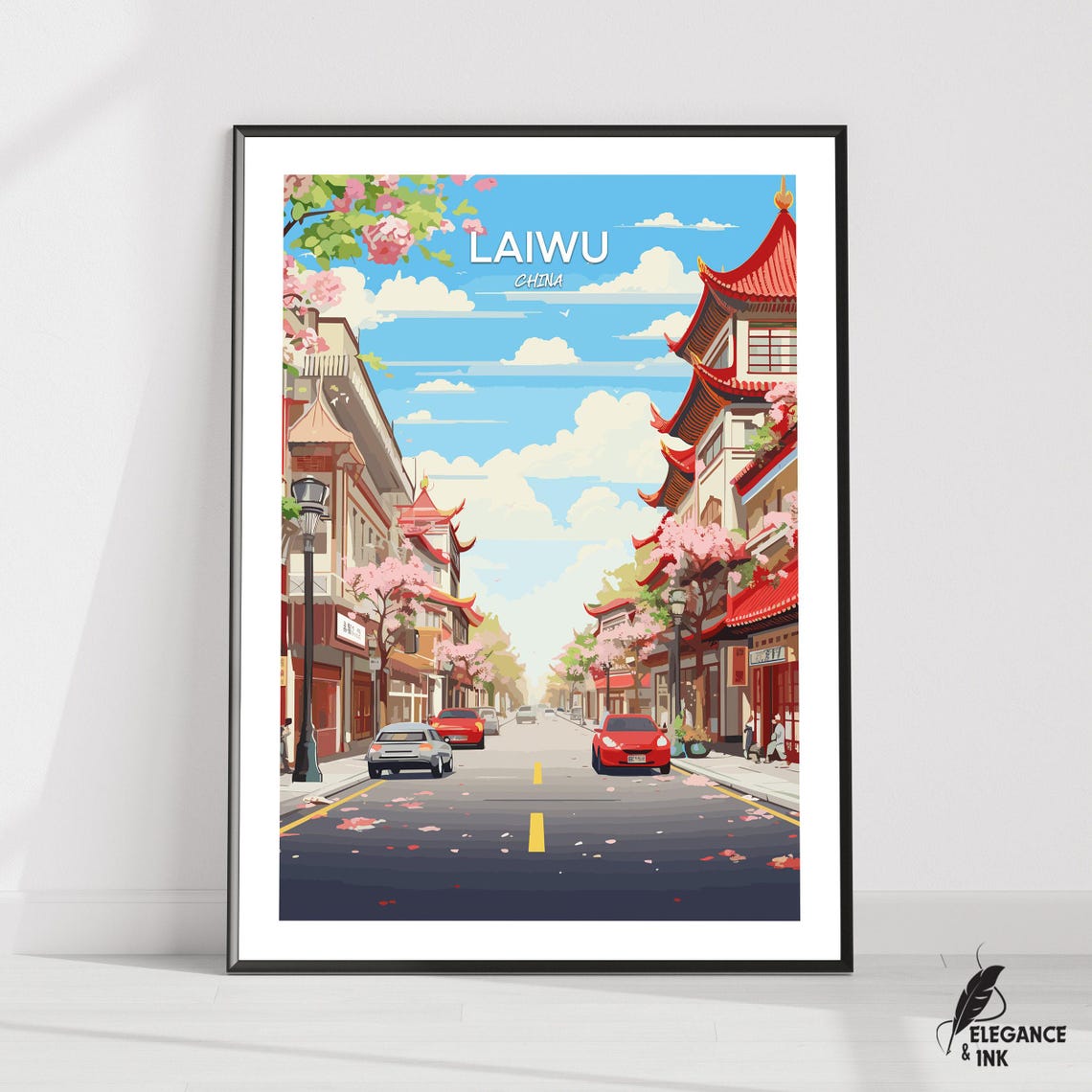 Laiwu China Cherry Blossom Street Vintage Travel Poster Edition
