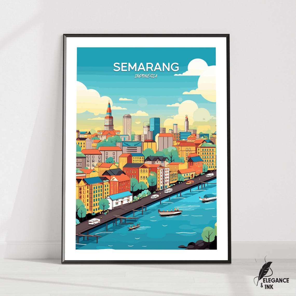 Semarang Indonesia Harbor City Skyline Blue Water Retro Travel Poster